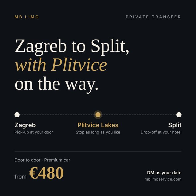 Private transfer Zagreb to Split via Plitvice from 480 euros